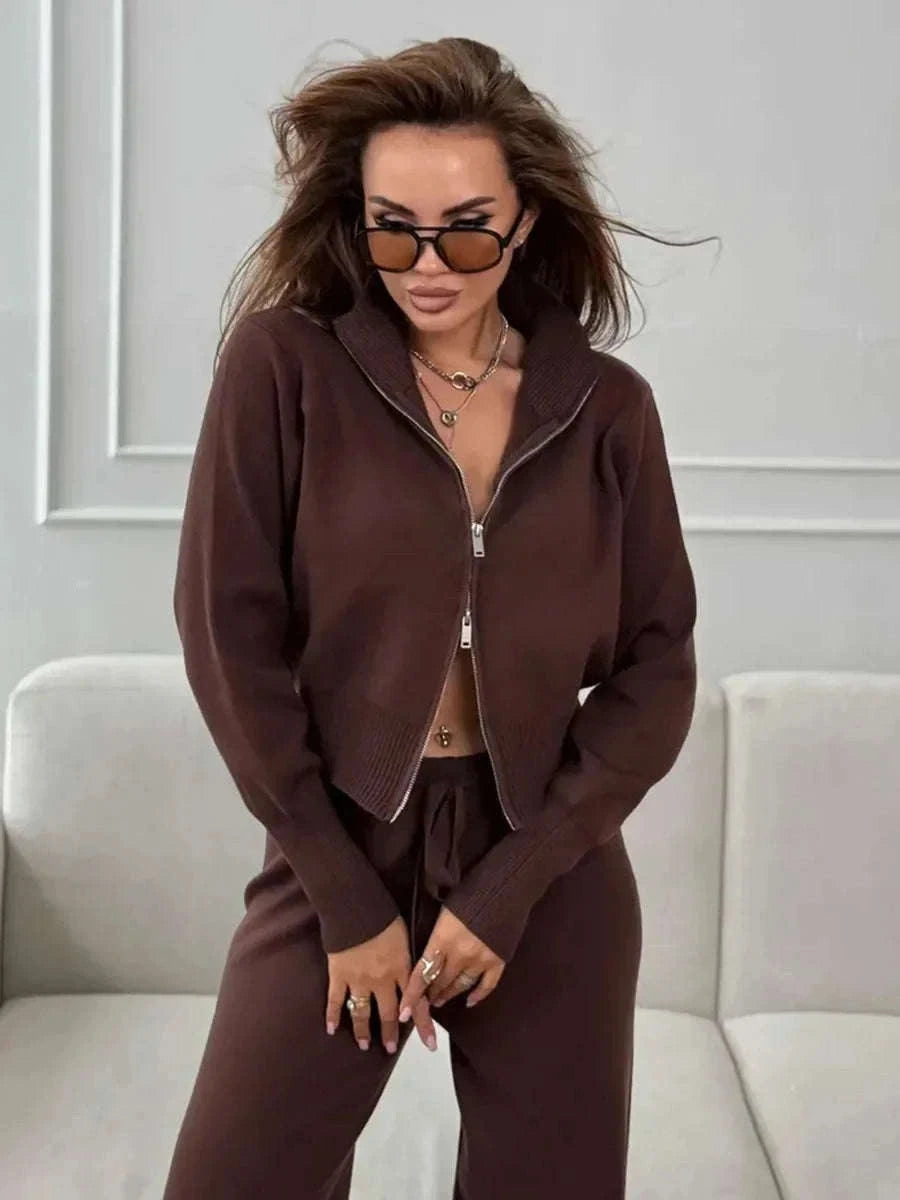 Women's Slim Fit Knit Sweater Set with Zip Cardigan & Wide Leg Pants-Light Coffee / L