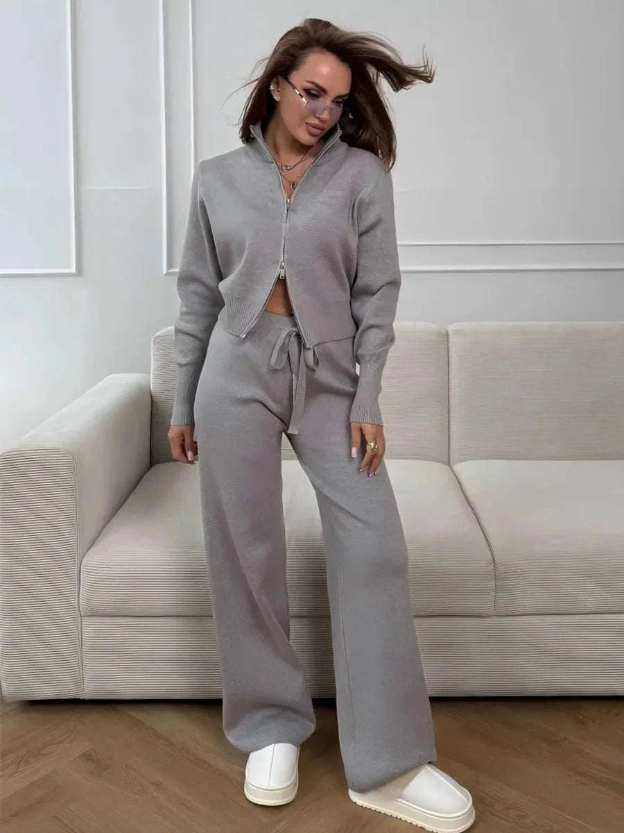 Women's Slim Fit Knit Sweater Set with Zip Cardigan & Wide Leg Pants-Light Coffee / L