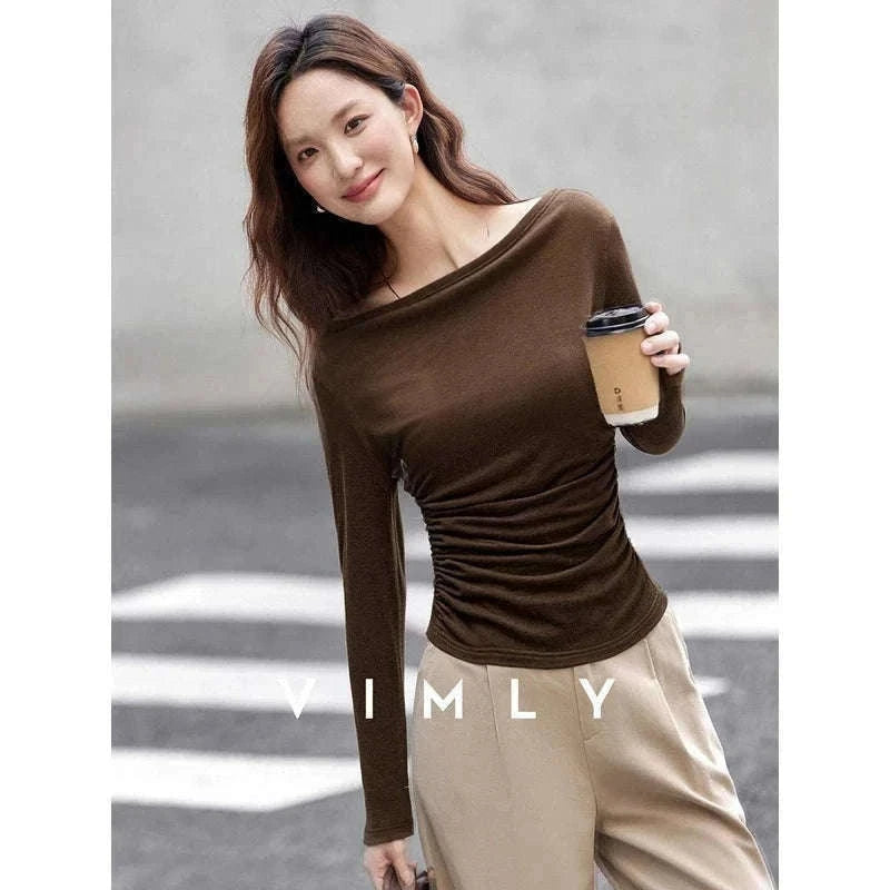 Women’s Slim Fit Slash Neck Long Sleeve Stretch Knit Top-Gray Striped tee / S