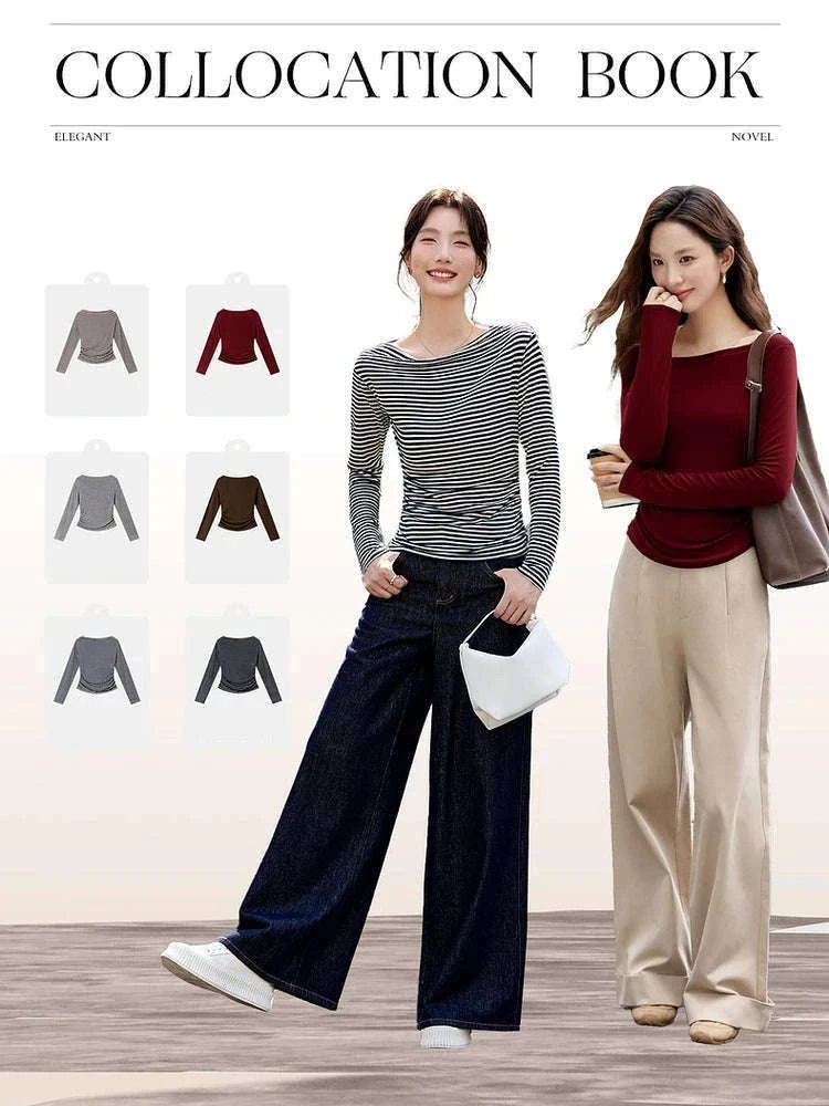 Women’s Slim Fit Slash Neck Long Sleeve Stretch Knit Top-Gray Striped tee / S