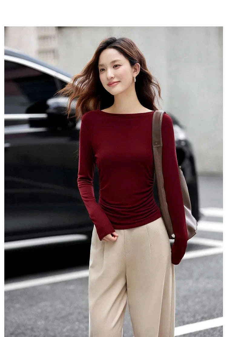 Women’s Slim Fit Slash Neck Long Sleeve Stretch Knit Top-Gray Striped tee / S