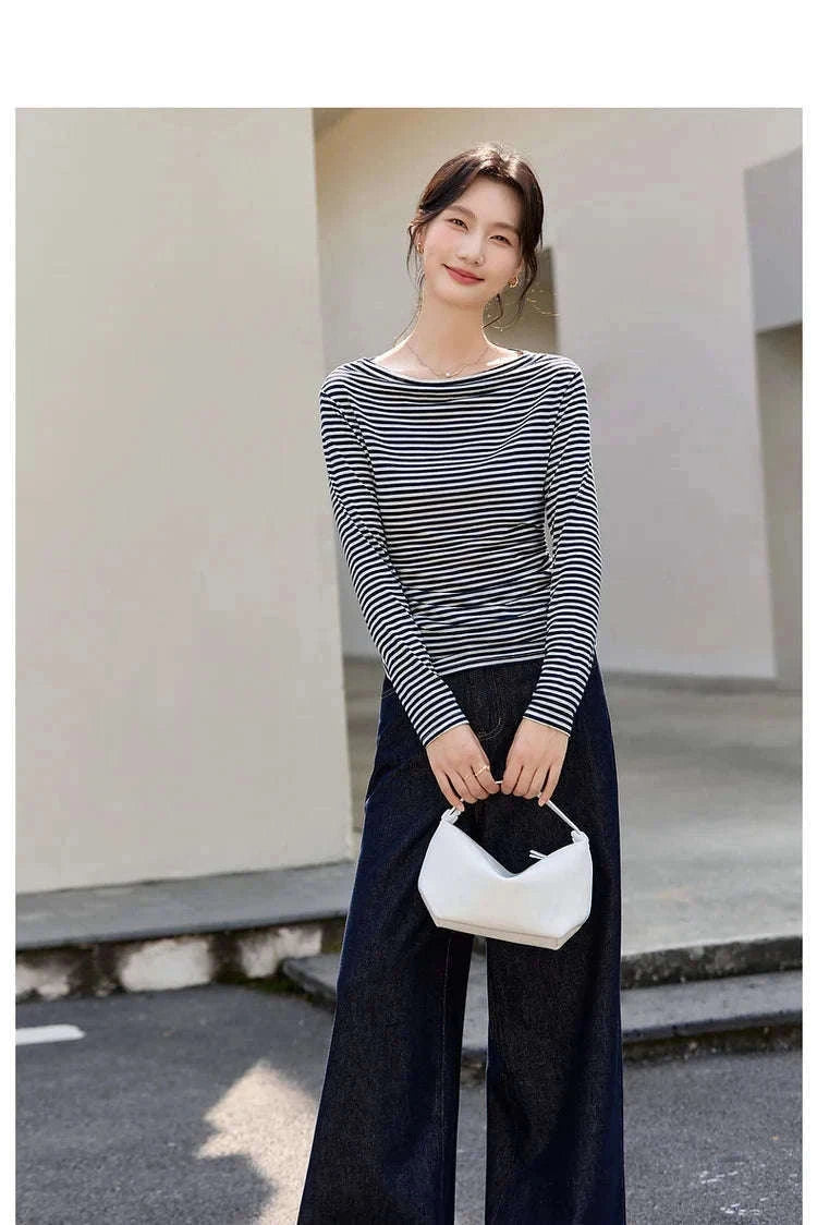 Women’s Slim Fit Slash Neck Long Sleeve Stretch Knit Top-Gray Striped tee / S