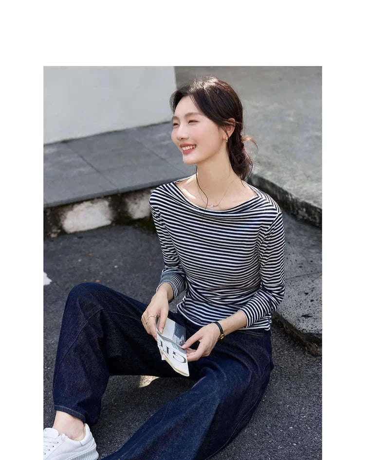 Women’s Slim Fit Slash Neck Long Sleeve Stretch Knit Top-Gray Striped tee / S
