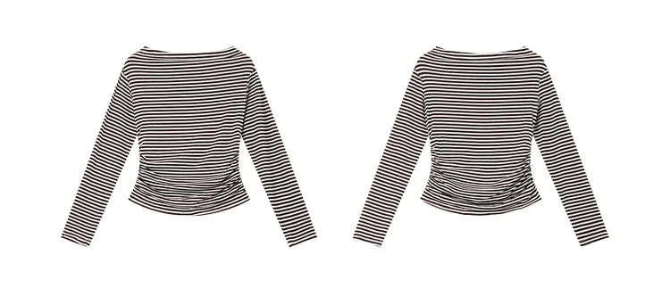 Women’s Slim Fit Slash Neck Long Sleeve Stretch Knit Top-Gray Striped tee / S