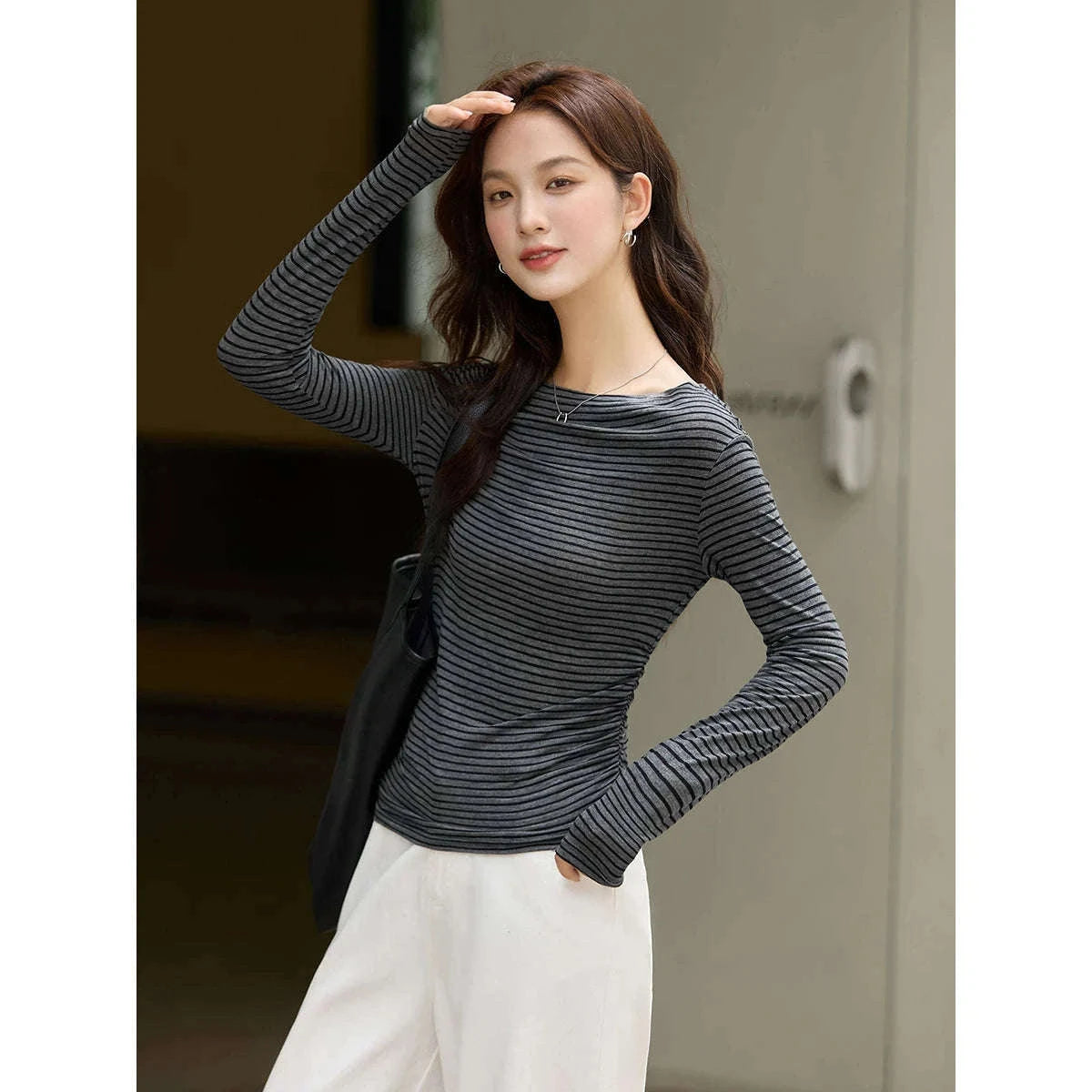 Women’s Slim Fit Slash Neck Long Sleeve Stretch Knit Top-Gray Striped tee / S