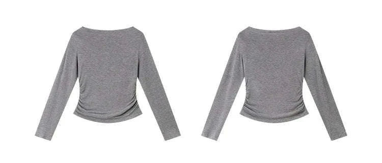 Women’s Slim Fit Slash Neck Long Sleeve Stretch Knit Top-Gray Striped tee / S