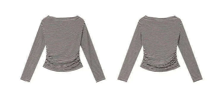 Women’s Slim Fit Slash Neck Long Sleeve Stretch Knit Top-Gray Striped tee / S