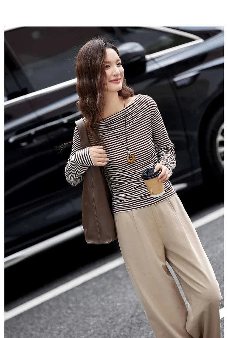Women’s Slim Fit Slash Neck Long Sleeve Stretch Knit Top-Gray Striped tee / S