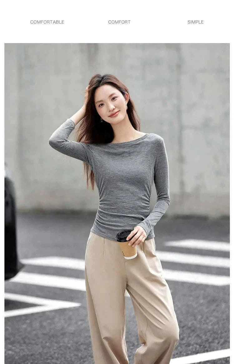 Women’s Slim Fit Slash Neck Long Sleeve Stretch Knit Top-Gray Striped tee / S