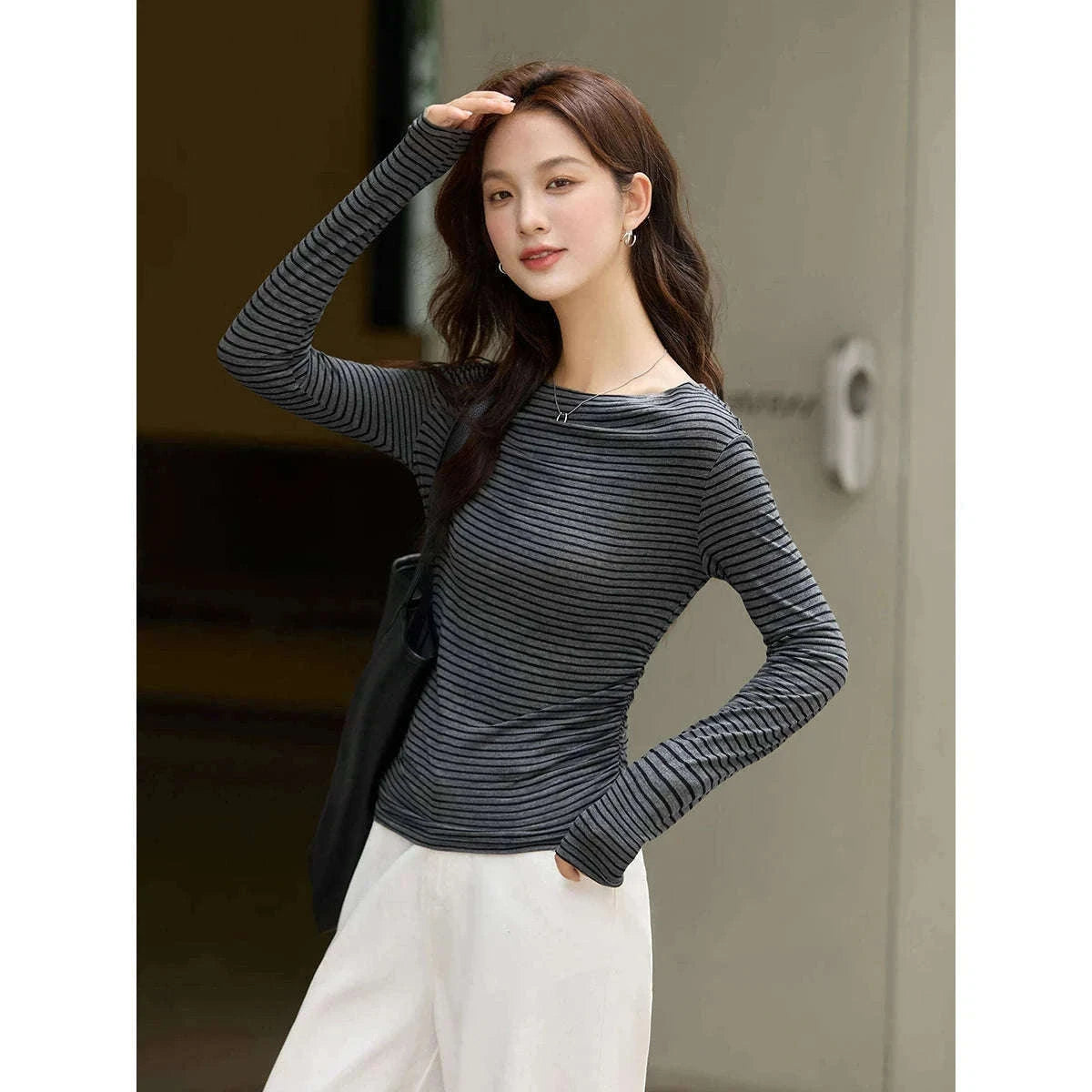 Women’s Slim Fit Slash Neck Long Sleeve Stretch Knit Top-Gray Striped tee / S