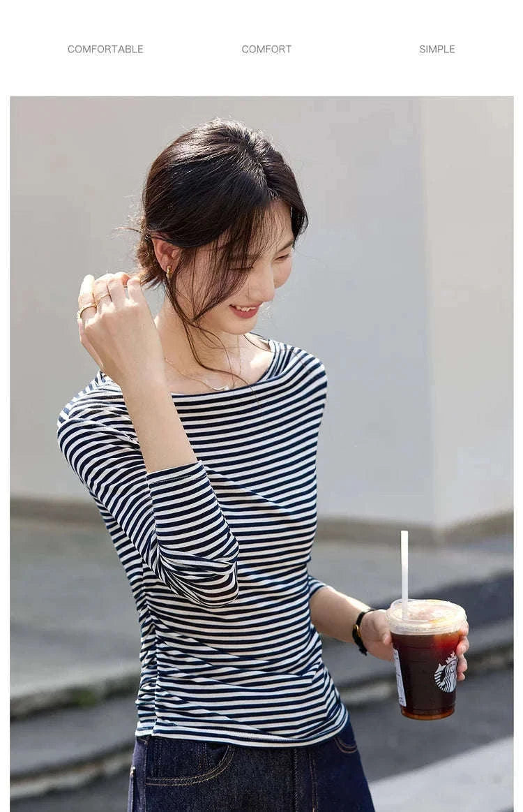 Women’s Slim Fit Slash Neck Long Sleeve Stretch Knit Top-Gray Striped tee / S