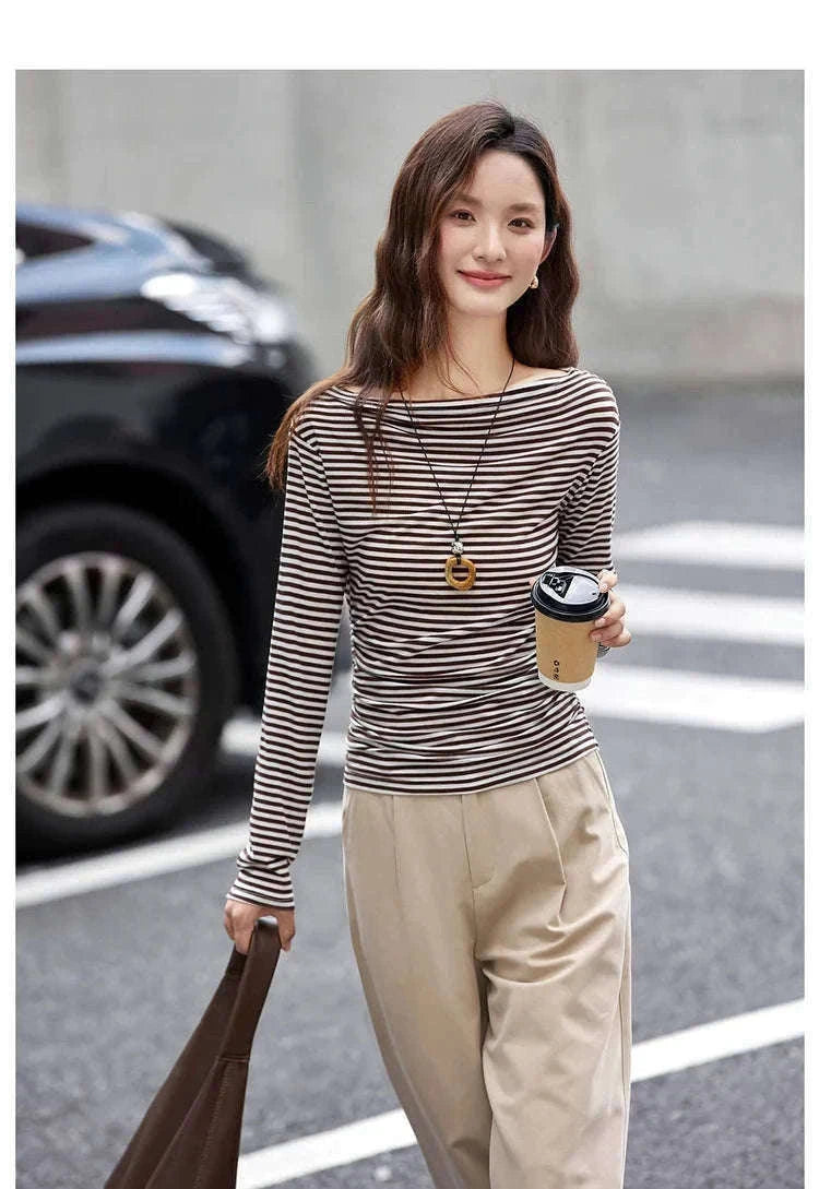 Women’s Slim Fit Slash Neck Long Sleeve Stretch Knit Top-Gray Striped tee / S