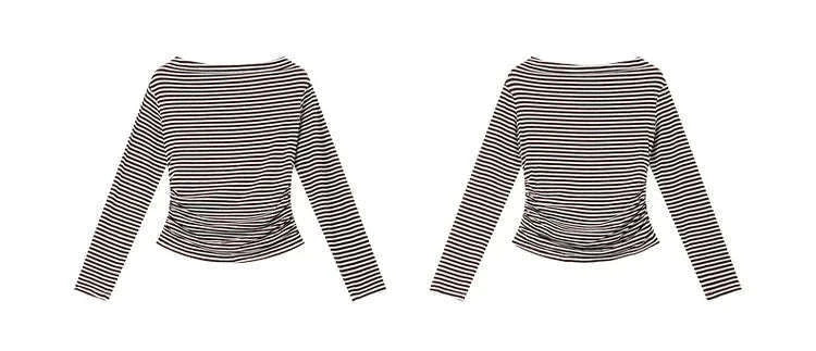 Women’s Slim Fit Slash Neck Long Sleeve Stretch Knit Top-Gray Striped tee / S