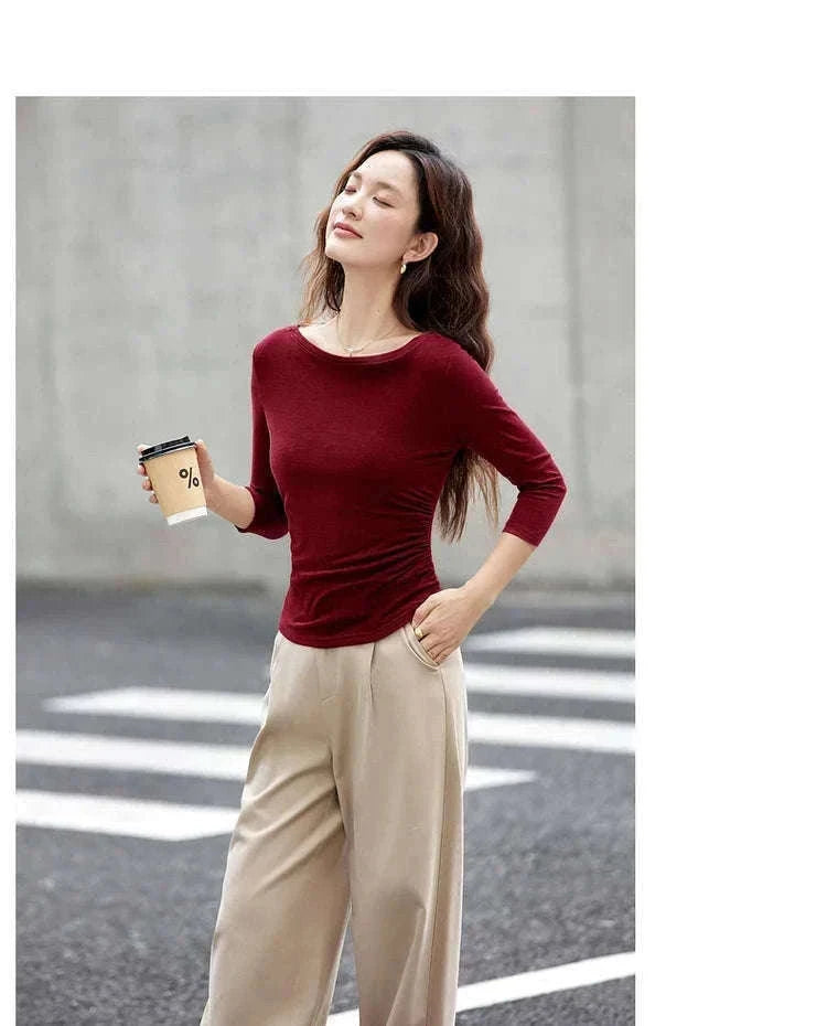 Women’s Slim Fit Slash Neck Long Sleeve Stretch Knit Top-Gray Striped tee / S