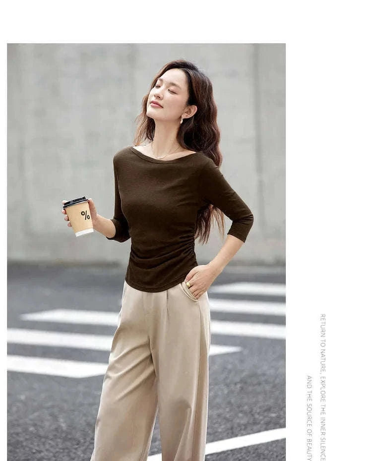 Women’s Slim Fit Slash Neck Long Sleeve Stretch Knit Top-Gray Striped tee / S