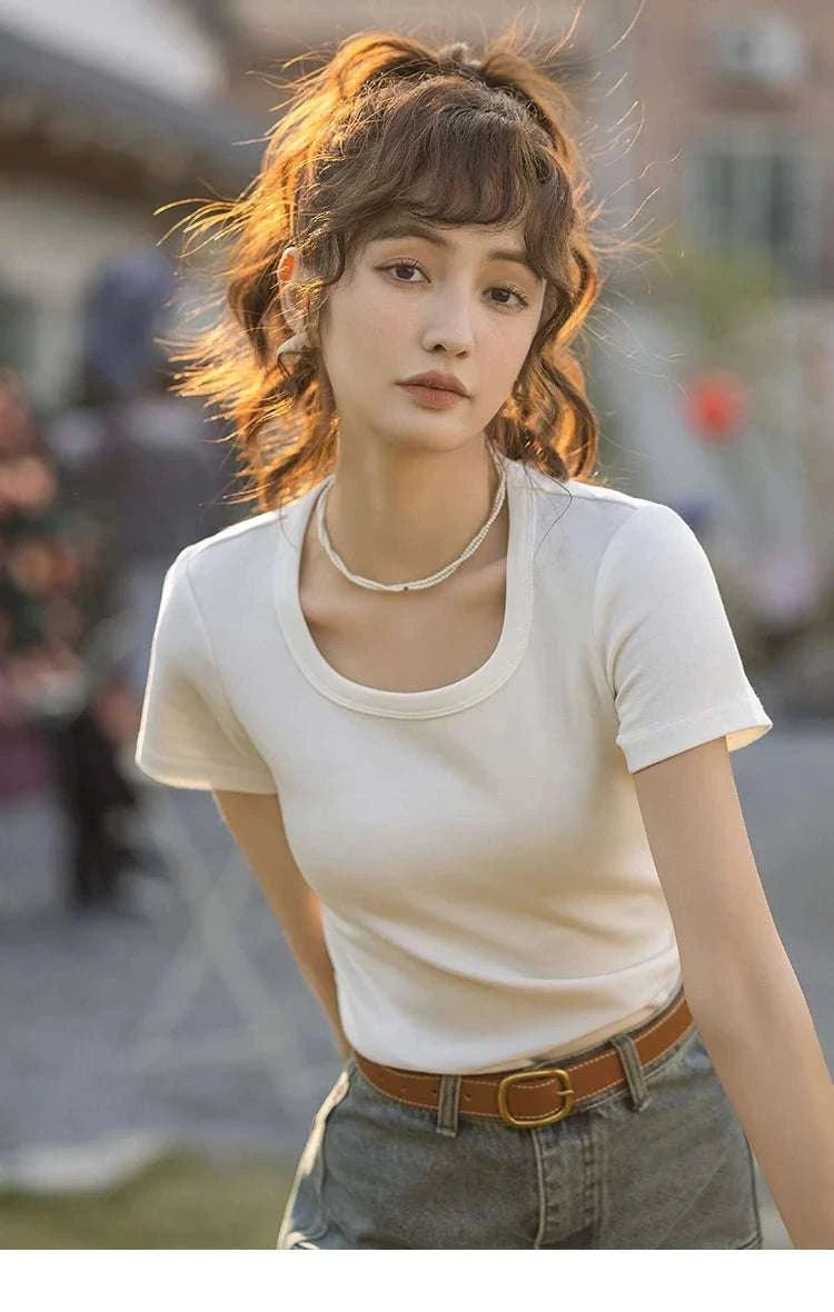 Women's Square Neck Cotton Blend T-Shirt – Elegant Short Sleeve Top-Beige White / S