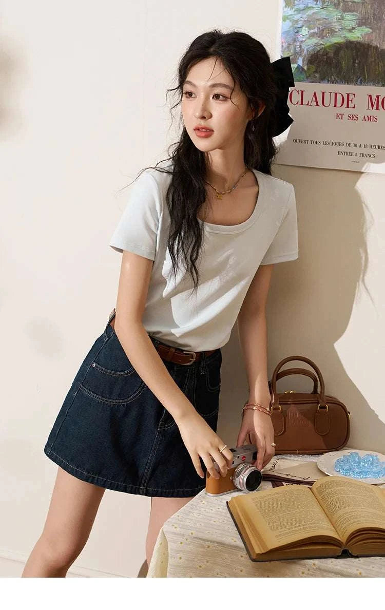 Women's Square Neck Cotton Blend T-Shirt – Elegant Short Sleeve Top-Beige White / S