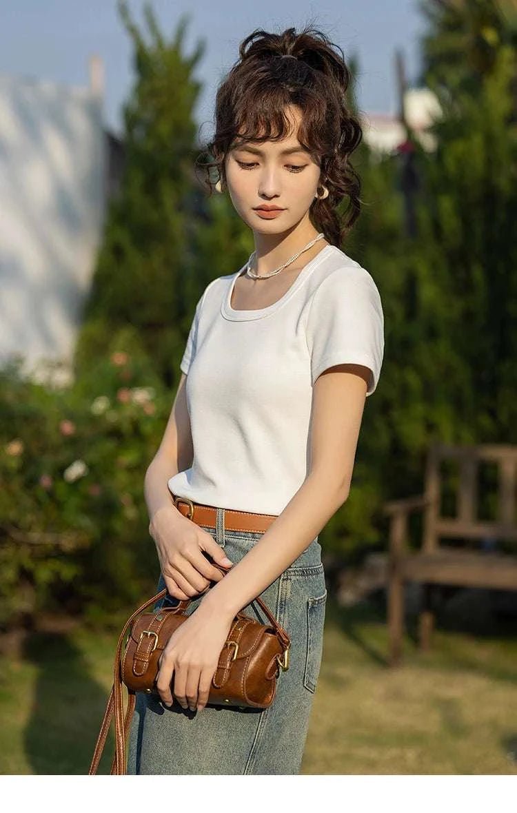 Women's Square Neck Cotton Blend T-Shirt – Elegant Short Sleeve Top-Beige White / S