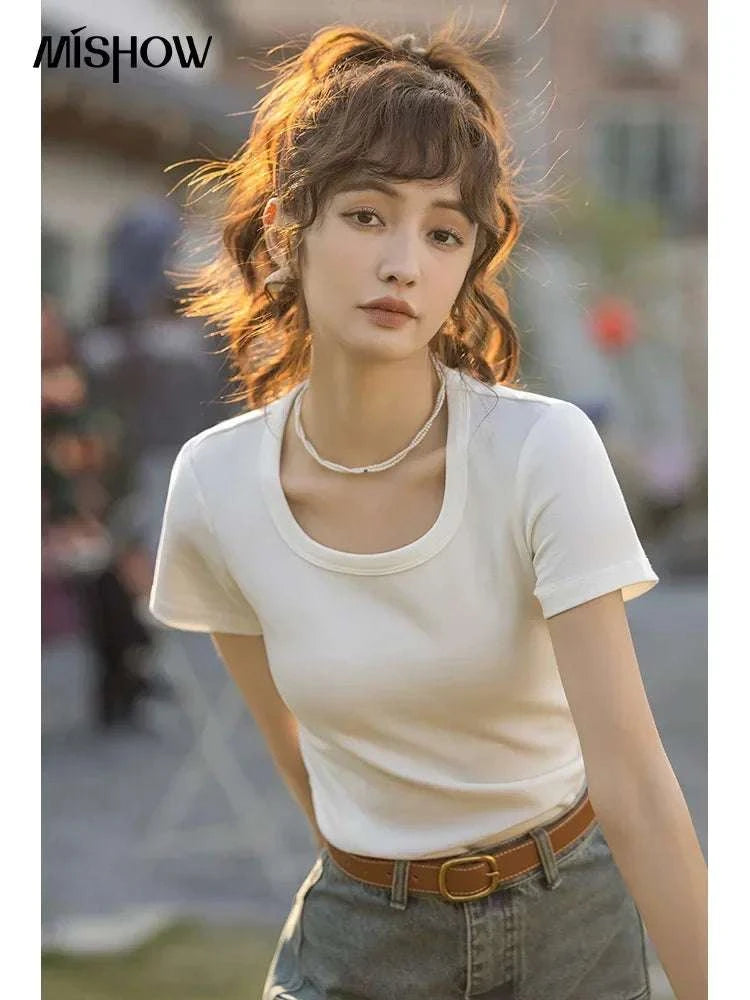 Women's Square Neck Cotton Blend T-Shirt – Elegant Short Sleeve Top-Beige White / S