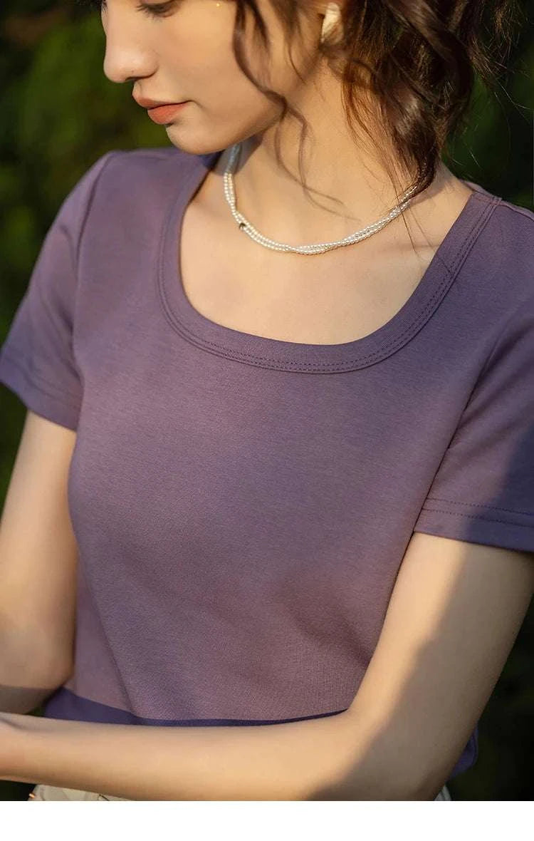 Women's Square Neck Cotton Blend T-Shirt – Elegant Short Sleeve Top-Beige White / S