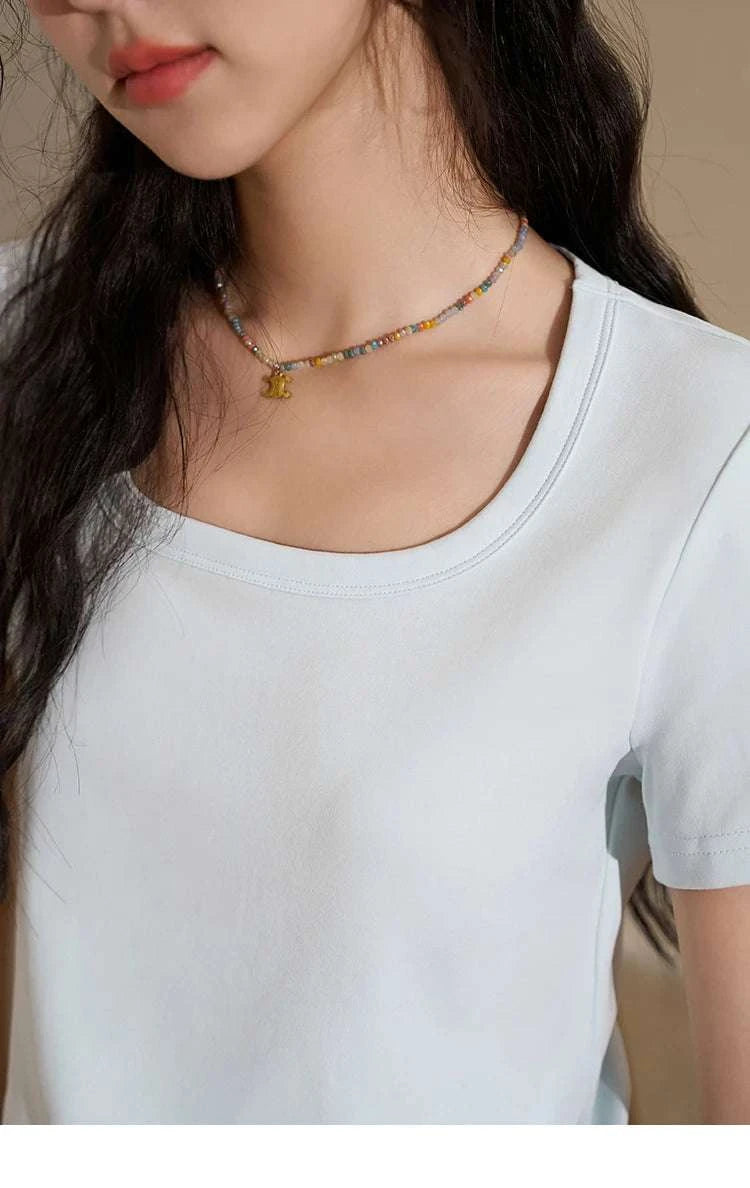 Women's Square Neck Cotton Blend T-Shirt – Elegant Short Sleeve Top-Beige White / S