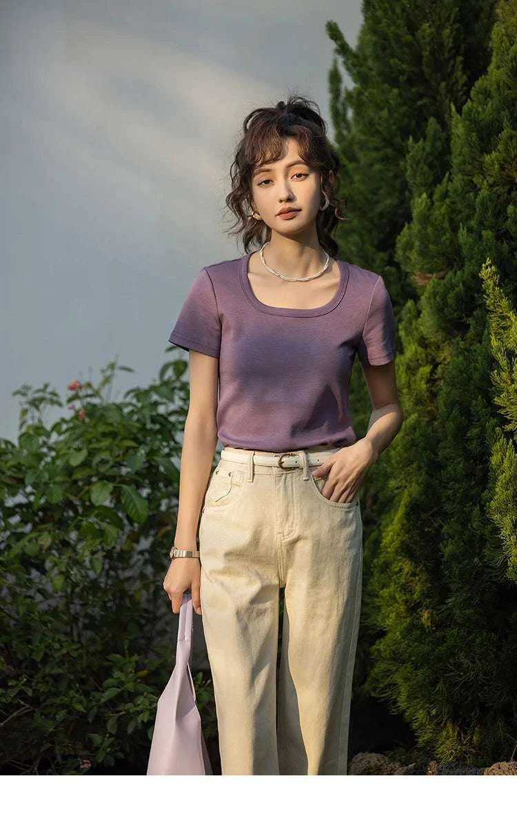 Women's Square Neck Cotton Blend T-Shirt – Elegant Short Sleeve Top-Beige White / S