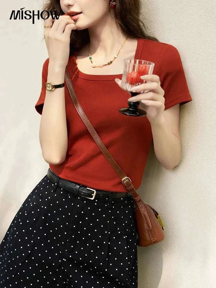 Women's Square Neck Cotton Blend T-Shirt – Elegant Short Sleeve Top-Beige White / S