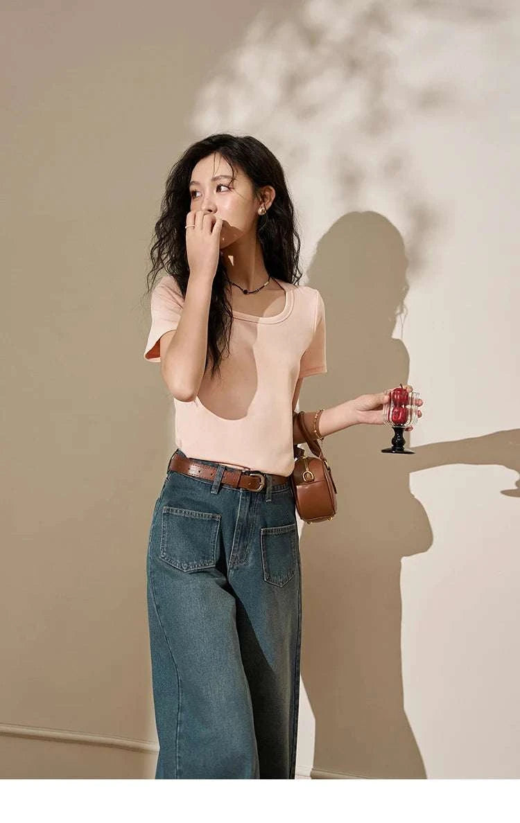 Women's Square Neck Cotton Blend T-Shirt – Elegant Short Sleeve Top-Beige White / S