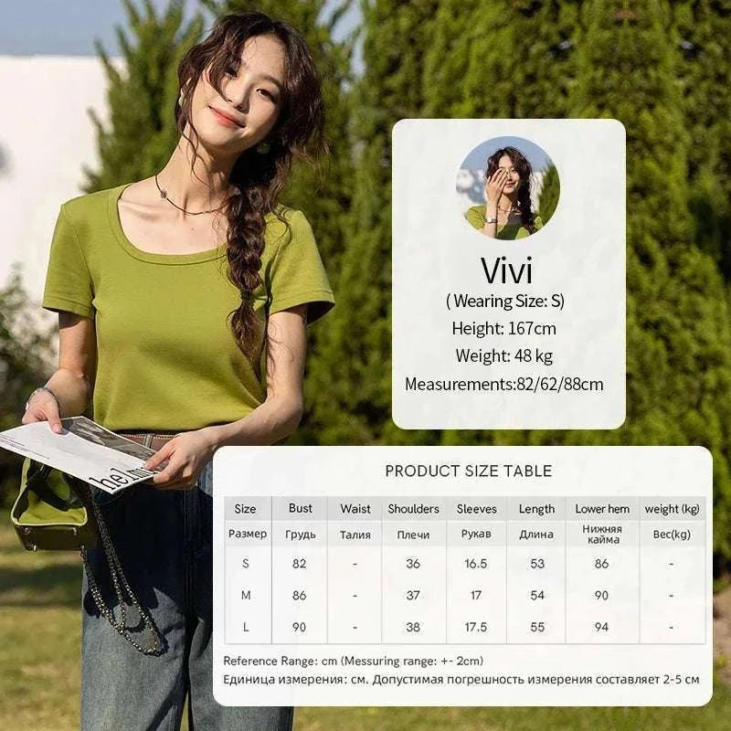 Women's Square Neck Cotton Blend T-Shirt – Elegant Short Sleeve Top-Beige White / S