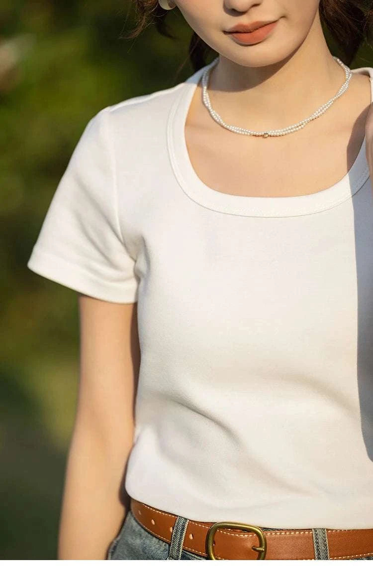 Women's Square Neck Cotton Blend T-Shirt – Elegant Short Sleeve Top-Beige White / S