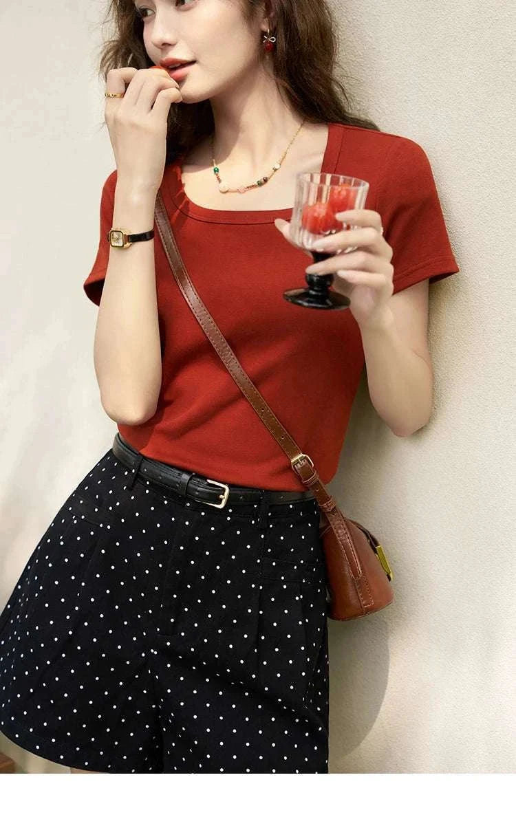 Women's Square Neck Cotton Blend T-Shirt – Elegant Short Sleeve Top-Beige White / S
