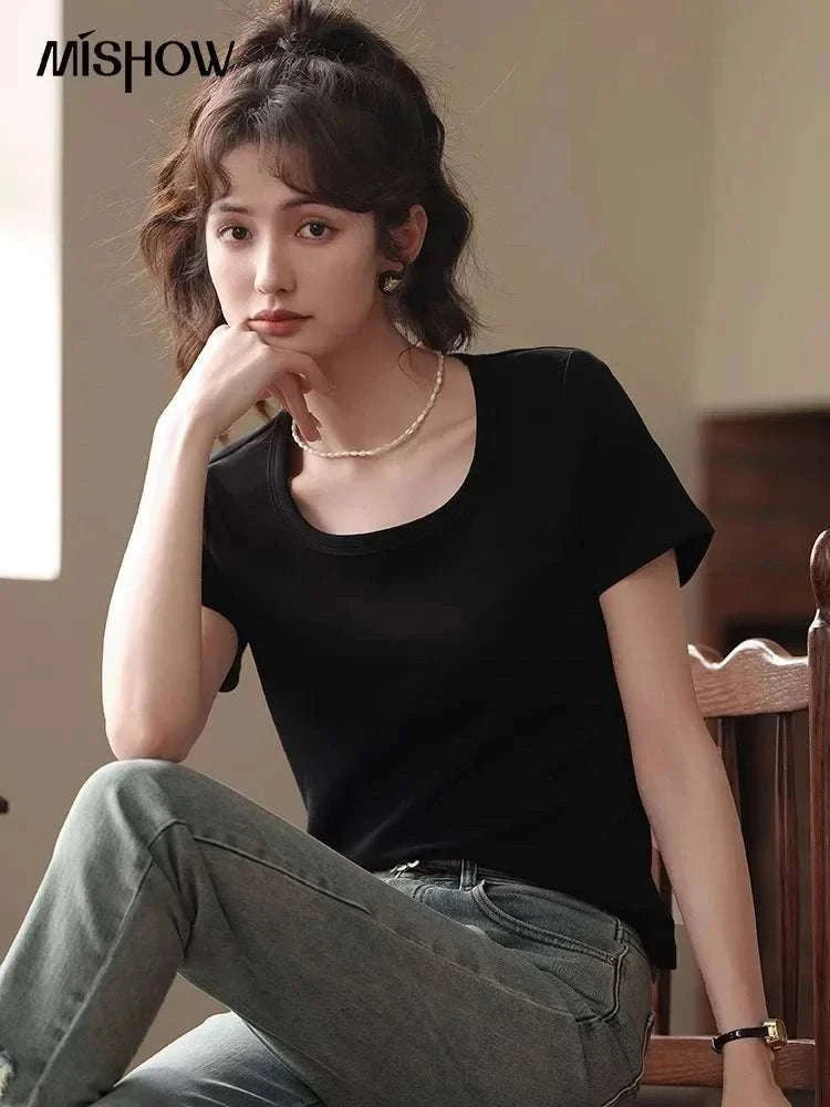 Women's Square Neck Cotton Blend T-Shirt – Elegant Short Sleeve Top-Beige White / S