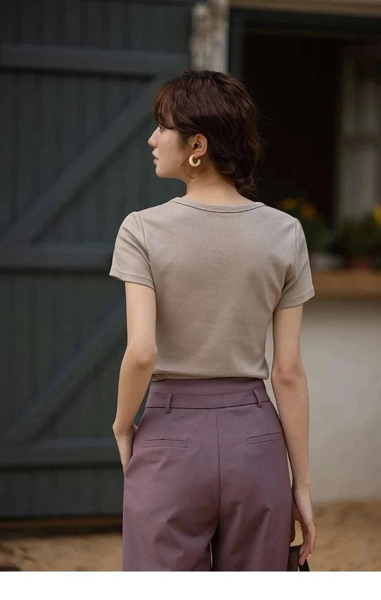 Women's Square Neck Cotton Blend T-Shirt – Elegant Short Sleeve Top-Beige White / S