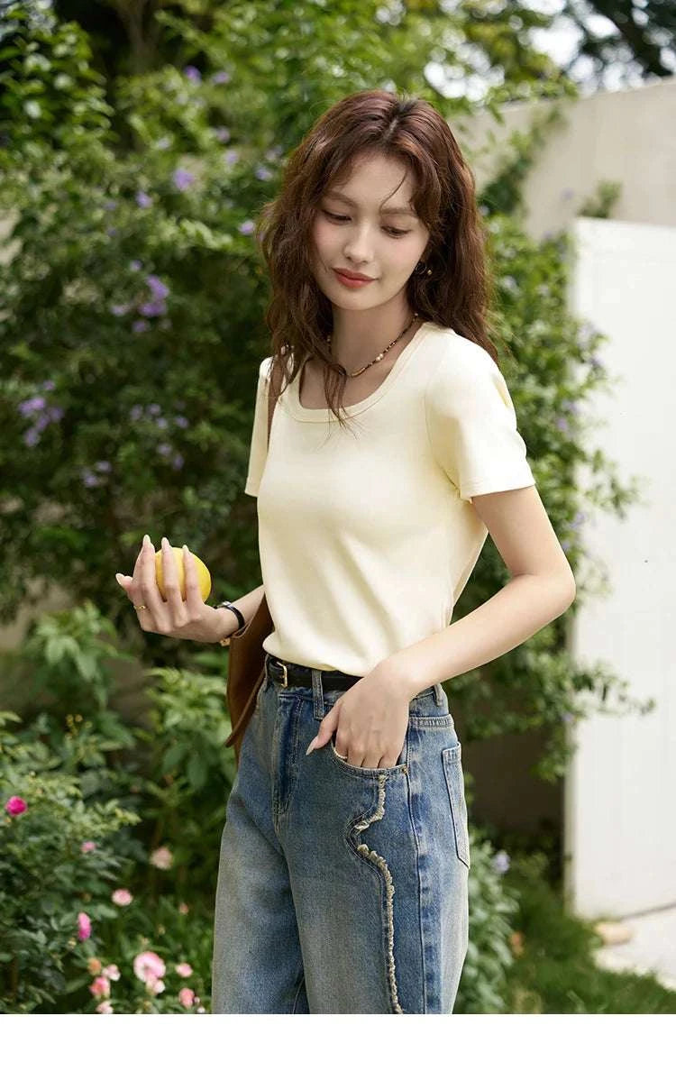 Women's Square Neck Cotton Blend T-Shirt – Elegant Short Sleeve Top-Beige White / S