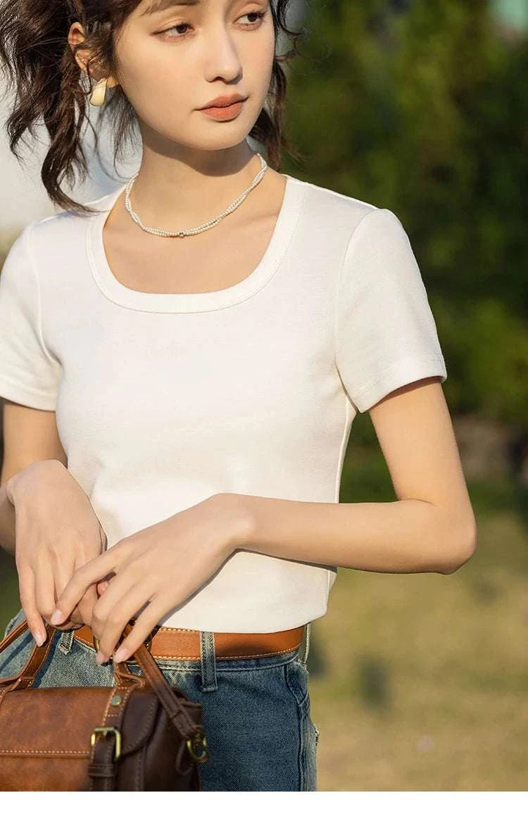 Women's Square Neck Cotton Blend T-Shirt – Elegant Short Sleeve Top-Beige White / S