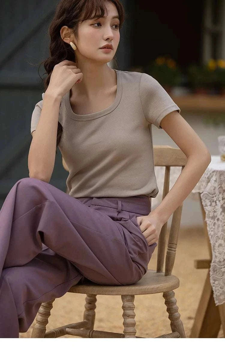 Women's Square Neck Cotton Blend T-Shirt – Elegant Short Sleeve Top-Beige White / S