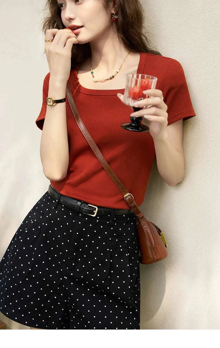 Women's Square Neck Cotton Blend T-Shirt – Elegant Short Sleeve Top-Beige White / S