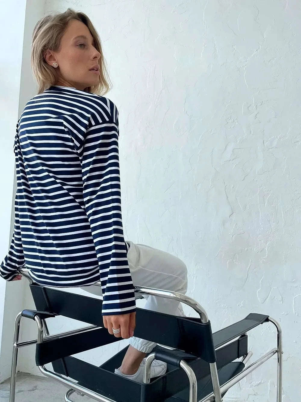 Women’s Striped Long Sleeve Cotton T-Shirt Loose Casual Fit-black / L
