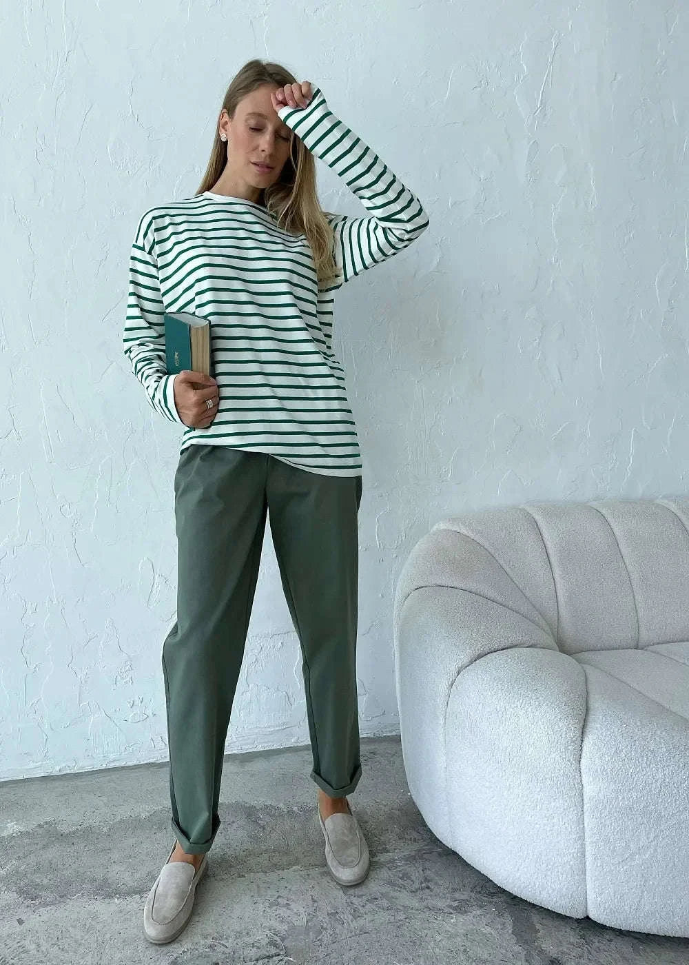 Women’s Striped Long Sleeve Cotton T-Shirt Loose Casual Fit-black / L