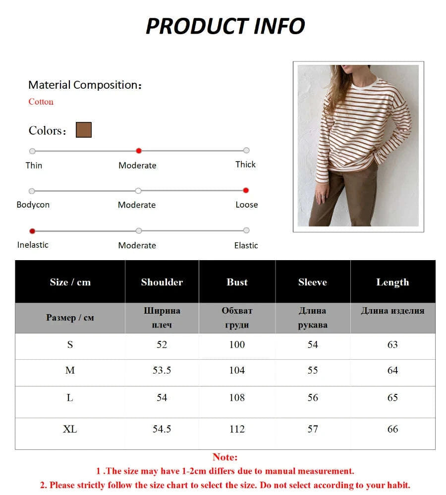 Women’s Striped Long Sleeve Cotton T-Shirt Loose Casual Fit-black / L