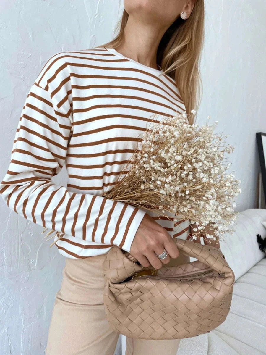 Women’s Striped Long Sleeve Cotton T-Shirt Loose Casual Fit-black / L