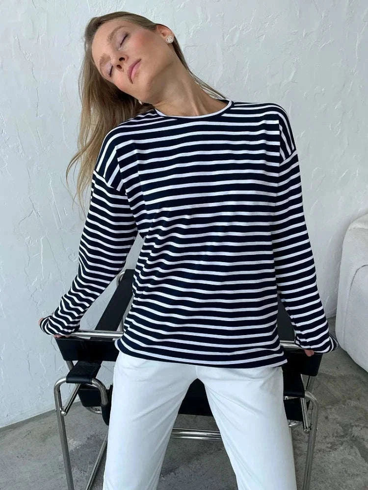 Women’s Striped Long Sleeve Cotton T-Shirt Loose Casual Fit-black / L