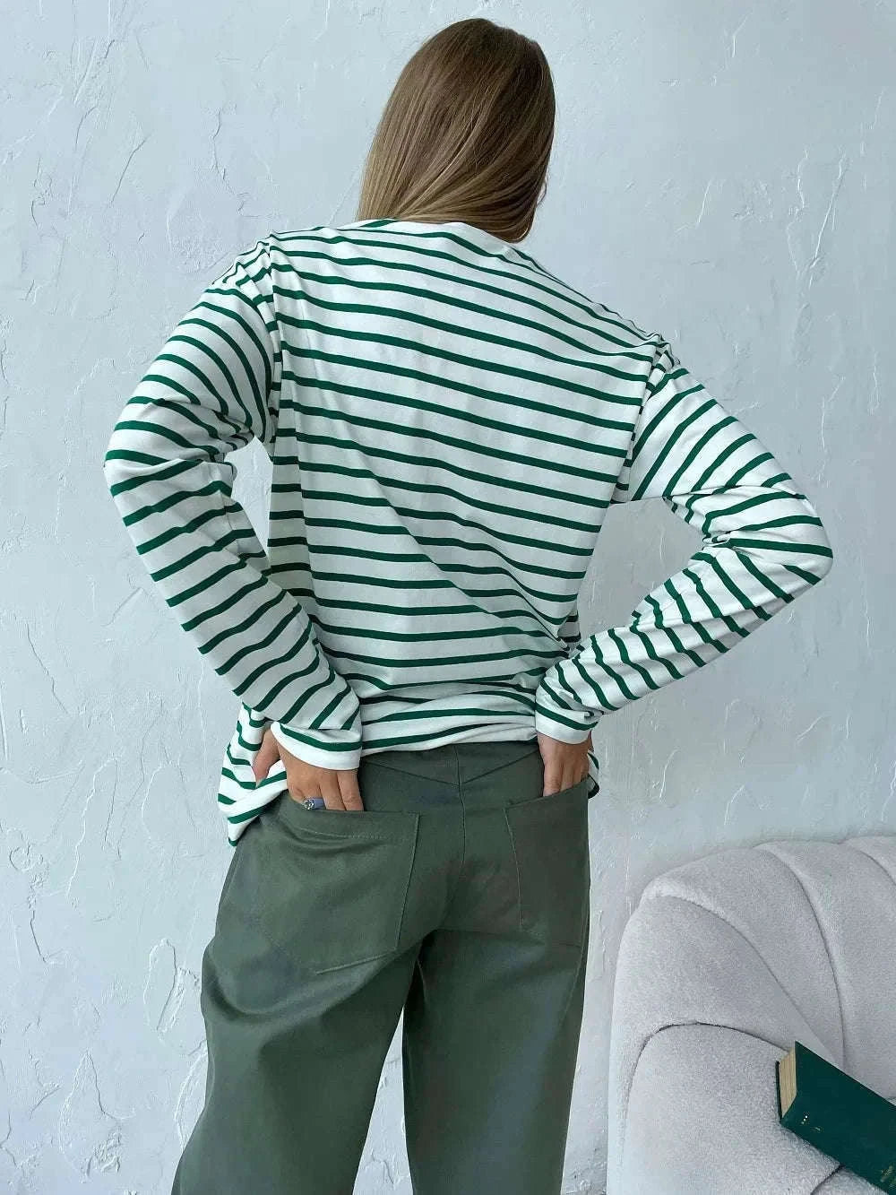 Women’s Striped Long Sleeve Cotton T-Shirt Loose Casual Fit-black / XL