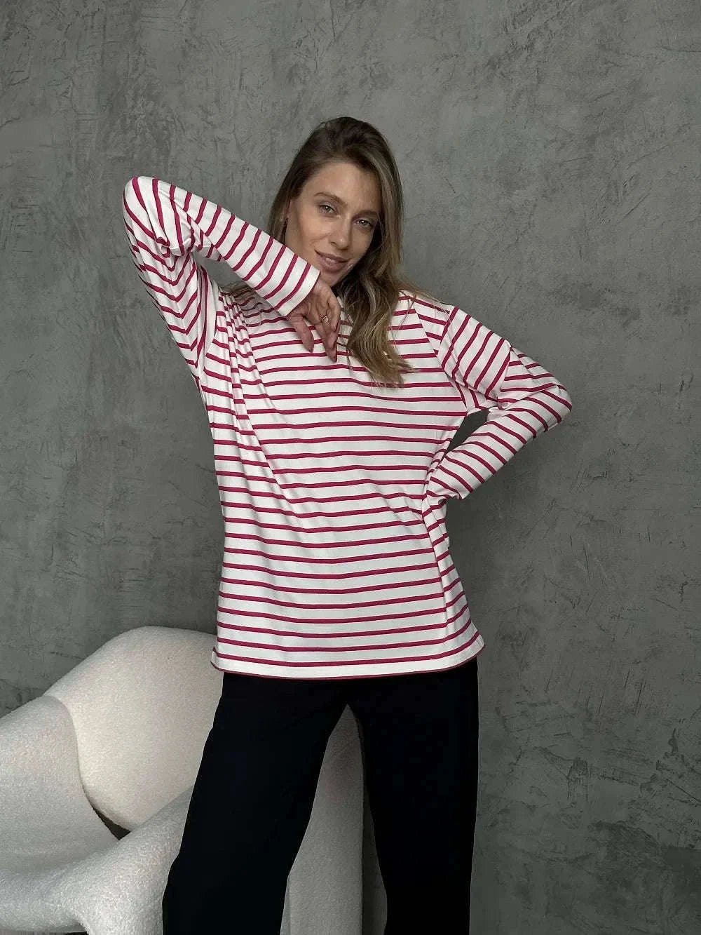 Women’s Striped Long Sleeve Cotton T-Shirt Loose Casual Fit-black / XL