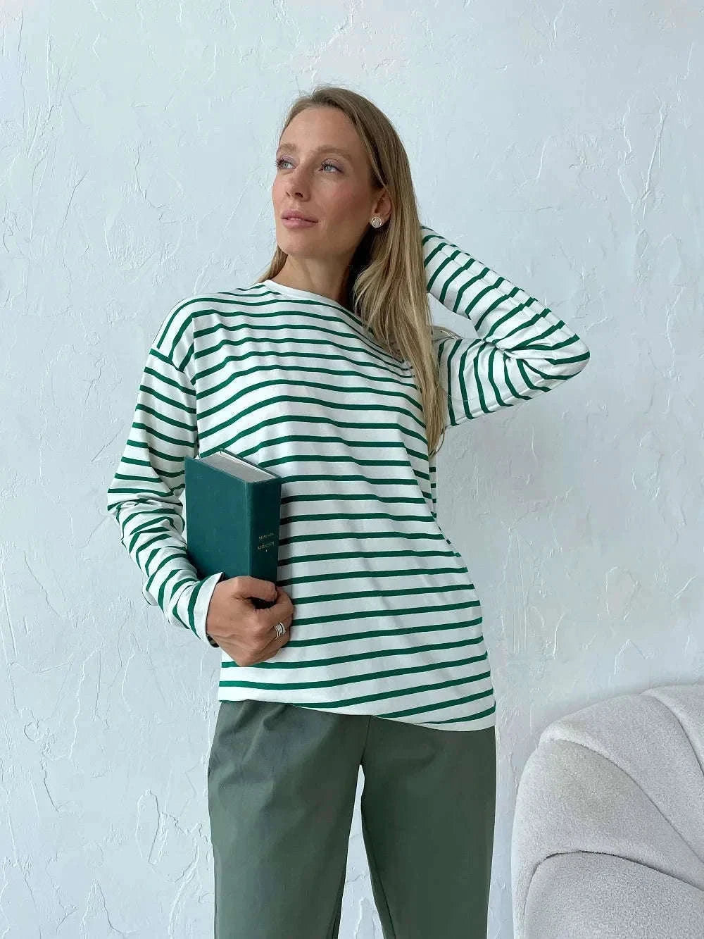 Women’s Striped Long Sleeve Cotton T-Shirt Loose Casual Fit-black / XL
