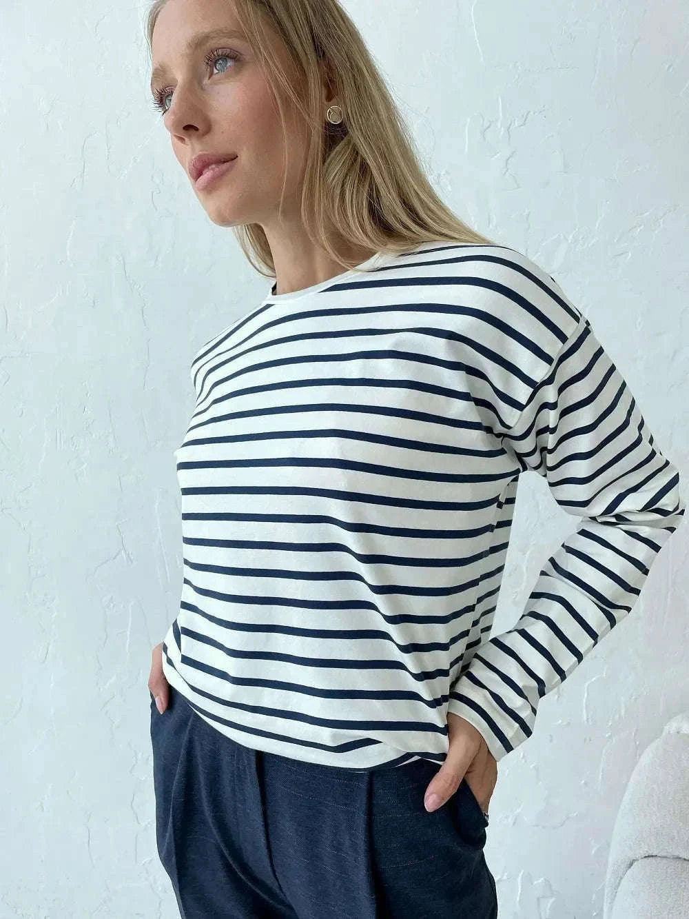 Women’s Striped Long Sleeve Cotton T-Shirt Loose Casual Fit-black / XL