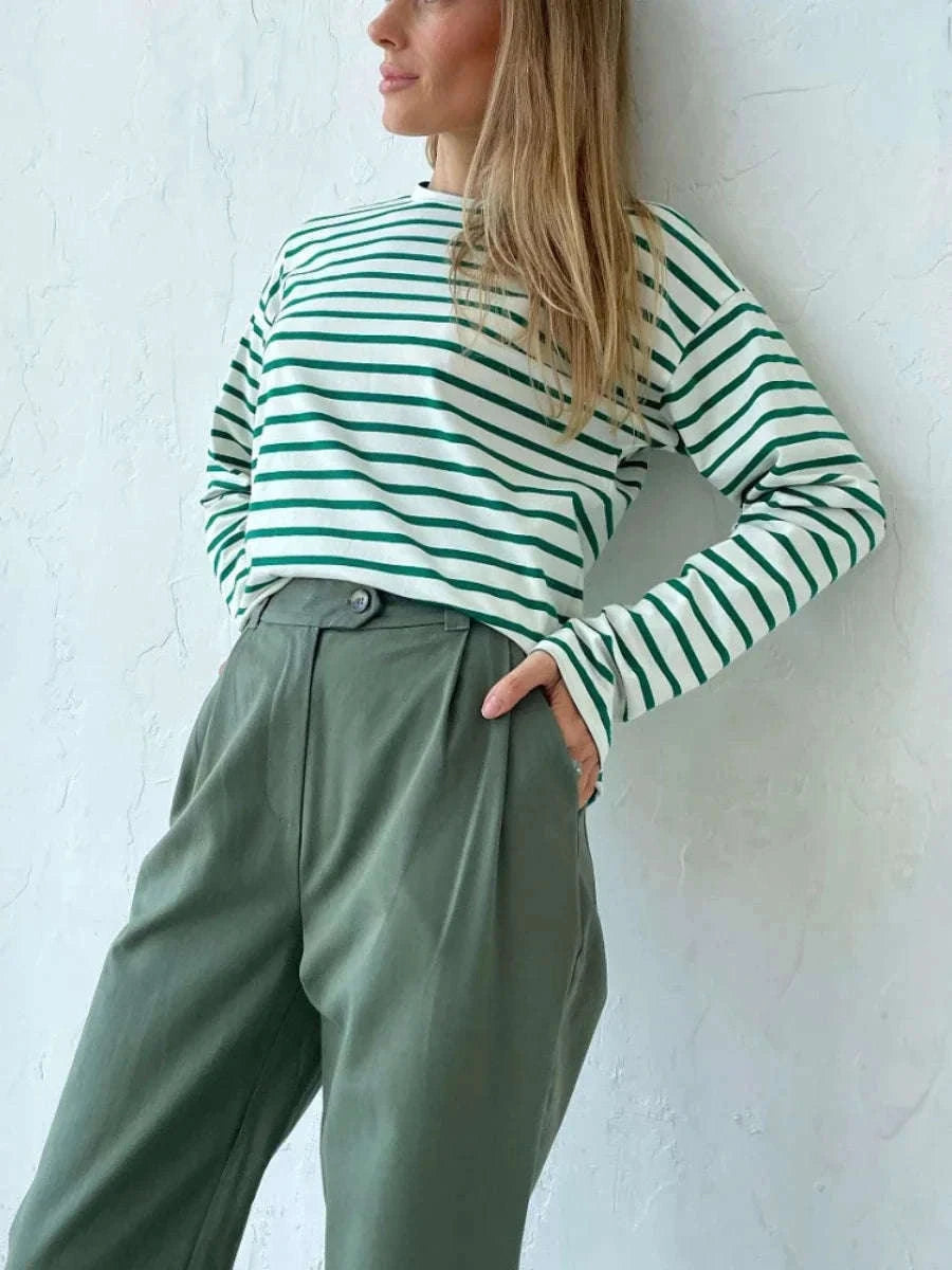Women’s Striped Long Sleeve Cotton T-Shirt Loose Casual Fit-black / XL