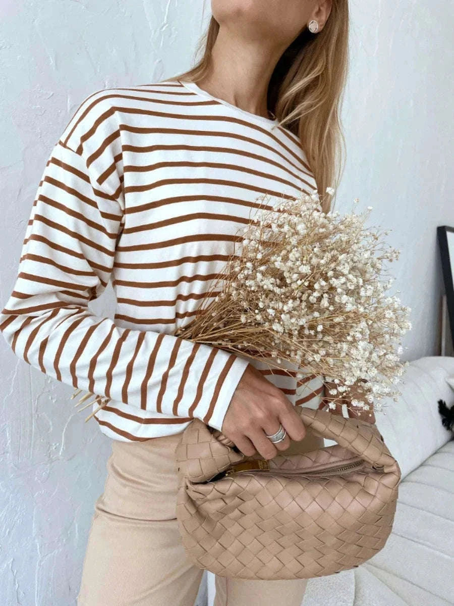 Women’s Striped Long Sleeve Cotton T-Shirt Loose Casual Fit-black / XL