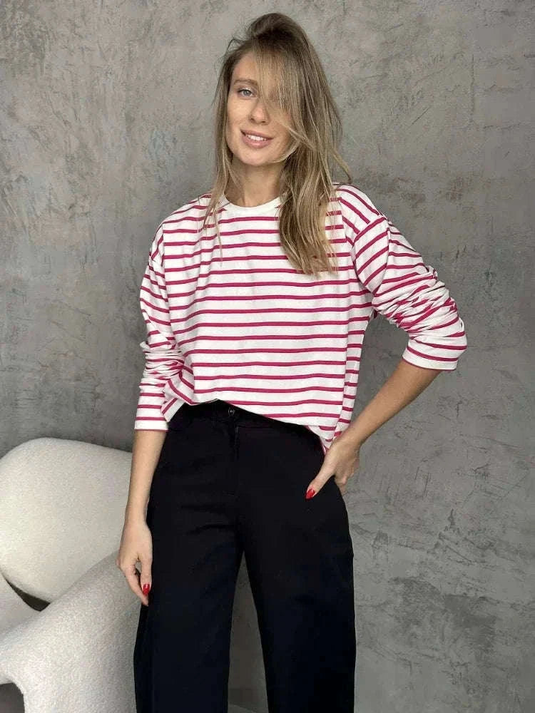 Women’s Striped Long Sleeve Cotton T-Shirt Loose Casual Fit-black / XL