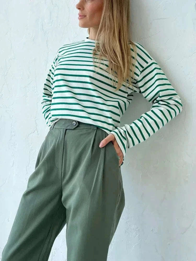 Women’s Striped Long Sleeve Cotton T-Shirt Loose Casual Fit-black / XL